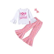 3pcs Toddler Girl Birthday Outfits Flare Long Sleeve Letter Donut Print Tops + Bell-bottom Trousers + Headband 2T 3T 4T 5T 6T Kids Long Pants Set